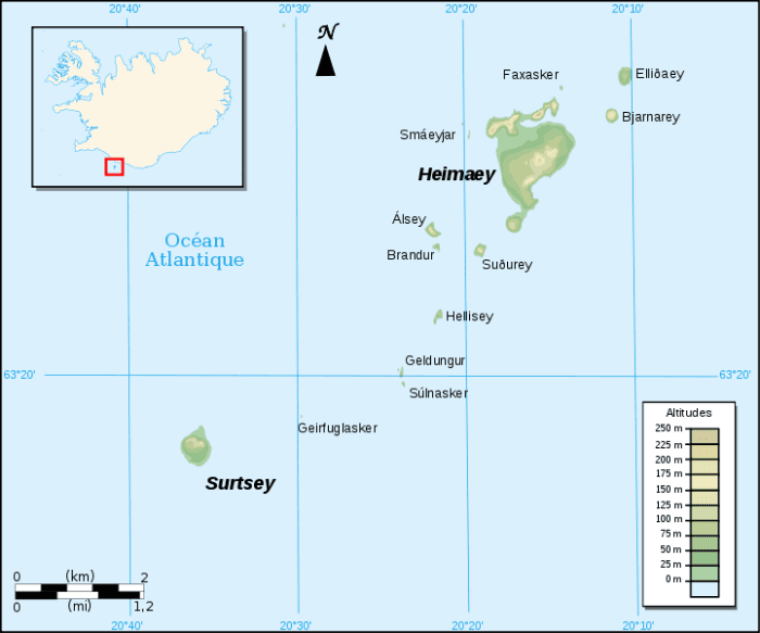 Map of the archipelago of Vestmannaeyjar, with Heimaey clearly labeled in the north.