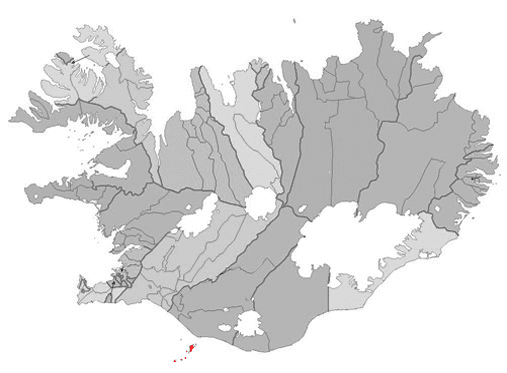 The Vestmannaeyjar archipelago in Iceland, highlighted in red in southern Iceland.