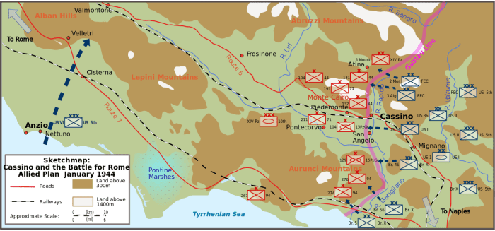 The campaign to crack Kesselring's Gustav Line - the western end of his Winter Line across the Appennine mountains. The worst time of year to tackle the terrain, it had to be undertaken nevertheless