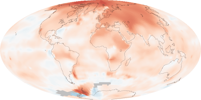 Global mean land-ocean temperature changes from 1880, relative to the 1951–1980 mean. The black line is the annual mean and the red line is the 5-year running mean. The green bars show uncertainty estimates. Source: NASA GISS.