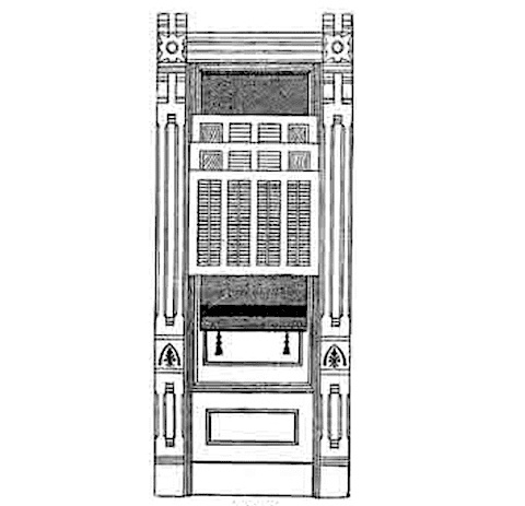 A three section sliding wood blind from 1888 that was meant to be attached to the inside of the window frame. This model looks a lot like shutters. Note that the blind is hung over a shade as well, providing additional insulation.