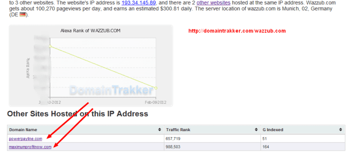 DomainTrakker says two other websites are on Wazzub's server, maximumprofitnow.com and powerpayline.com