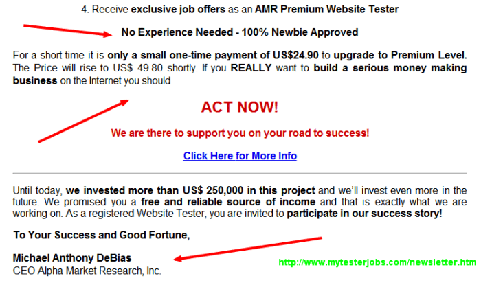 Two things to note: main thing is free, but they ask for premium upgrade later, and whoever is running this is Michael Anthony DeBais.