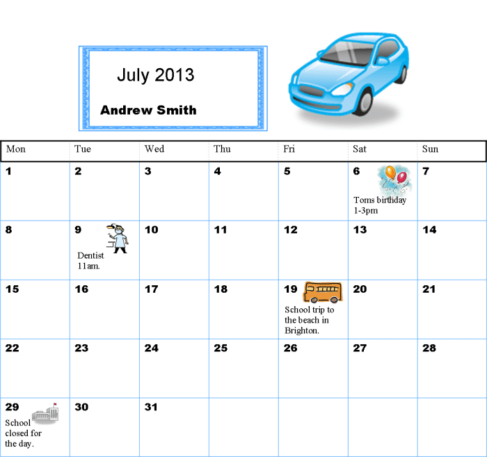 Simple visual timetable designed to show a child what one off events are happening in July.