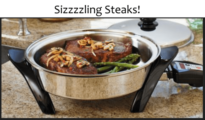 For beat steaks, heat up stainless steel electric flying man until very hot. Drop in steaks. Weight for meat to 'seal' then flip and do same to other side. Then switch heat to very low. Put on lid. Wat five minutes and serve! :)