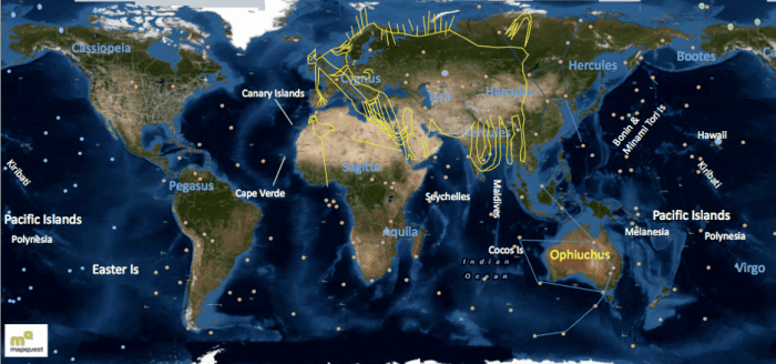 Drawing of the Lascaux cave painting over a map of the Earth, using the constellation Vulpecula and Hercules to scale and aid alignment. Star positions shown here are current modern star positions. Earth Map created using multiple high resolution Map