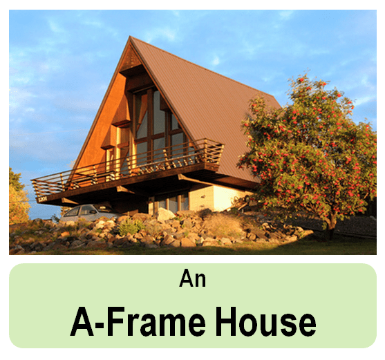 An A-frame house on a hill with a cantilever balcony and a car park below it. Set in an idyllic scenery, this timber home design is great for a secluded area.