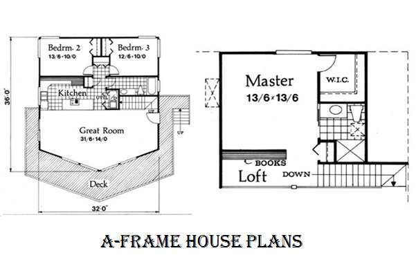 A floor plan of a simple three bedroom A-frame house with an upper floor ensute master bedroom with a kitchenette, a loft, and a sizeable entertainment deck.