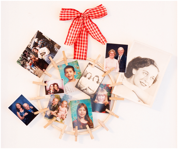 This picture holder should be a pretty straightforward DIY; with a wooden hoop (such as an embroidery hoop), pegs and ribbon.