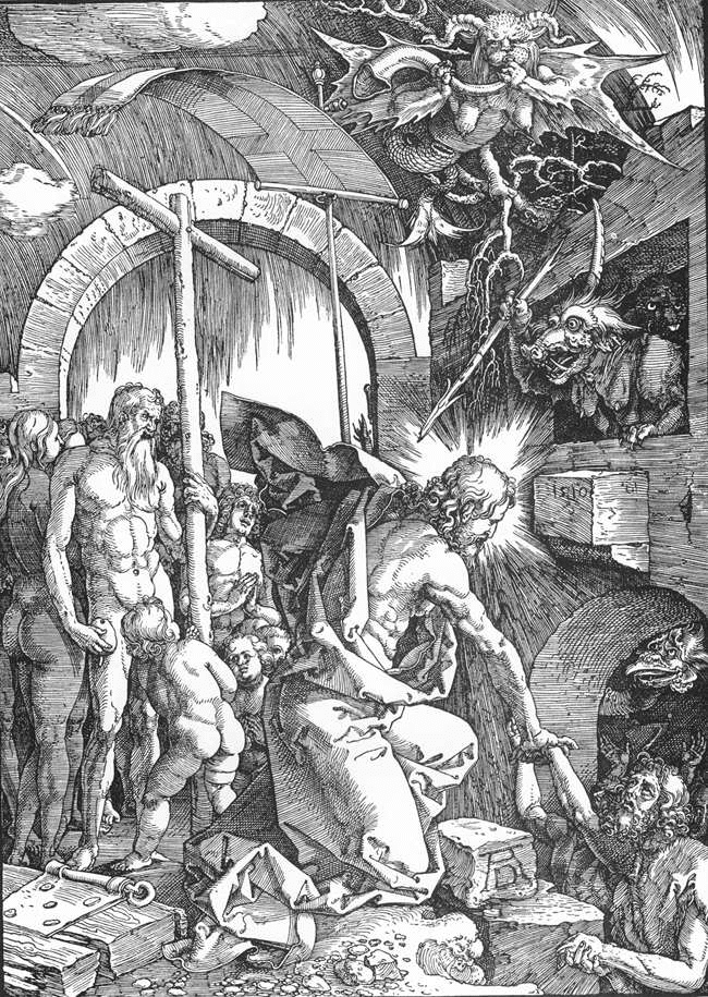 Christ's Descent into Limbo, Woodcut (ca. 1510 ~ The art depicts what Christian Theology calls the "Harrowing of Hell", in which Christ was said to descend to hell after his death, setting free those who dwelled there.