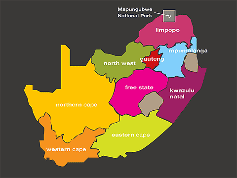 The newly re-zoned South African map. This Map shows the position of Mapungubwe in relation to the country of South Africa as a whole