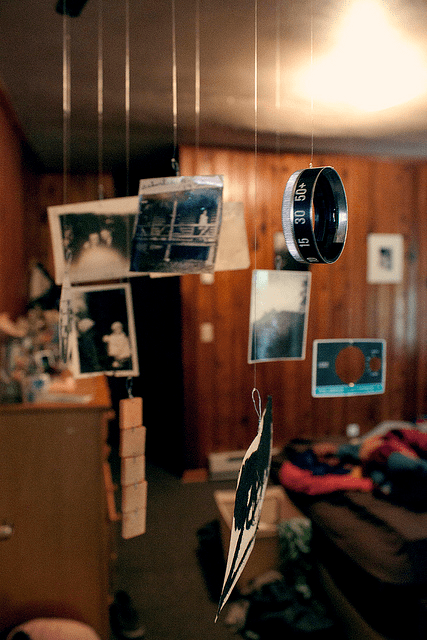 A more grown-up idea for a mobile is to hang up photos, souvenirs and items that mean something to you. Show your life/personality!