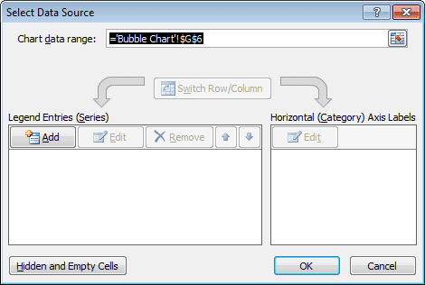 Configuring the data source for our Bubble chart in Excel 2007 or Excel 2010.
