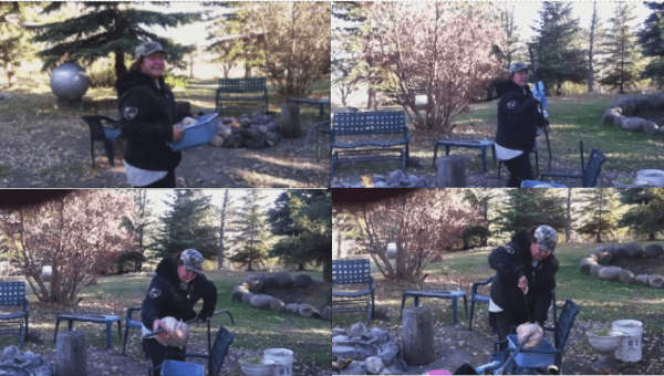 I like to clean the steel rod before inserting it into the turkey. After sliding the rod through the turkey I secure the turkey to the rod with a wire that goes through the side of the turkey and through a hole in the steel rod.