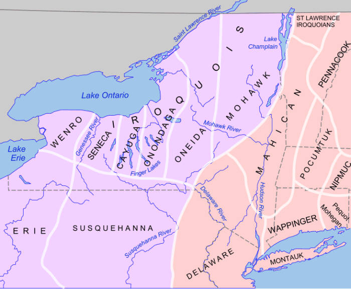 Map of the New York Indian nations before European arrival. Purple area shows people who spoke Iroquoian languages. Pink area shows people who spoke Algonquian languages.