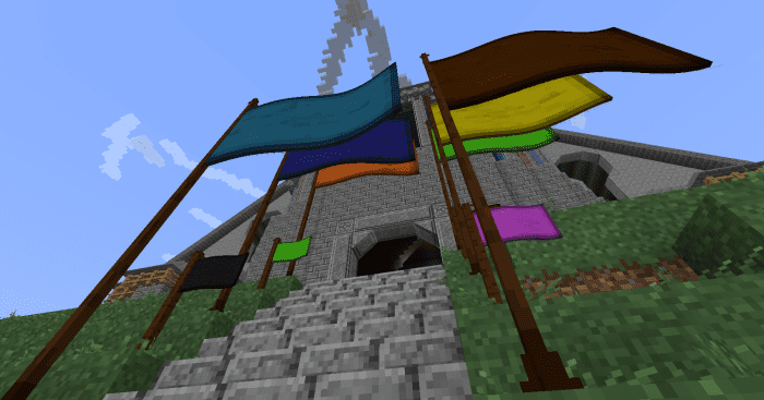 Flags are all fully animated, can come in several colors, and every few minutes swap between appearing to blow in the wind and just hanging towards the ground.