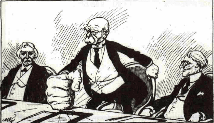 George Clemenceau portrayed as a an anti-German hawk who uses force to get his own way : a previous plate in the document drew allusion to the German militarist government doing the same thing, to deprive Allied legitimacy.