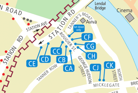 Rougier Street, Central Interchange for national coaches via, and to York, and regional bus services from Leeds to the coast, east from Harrogate or south from Thirsk