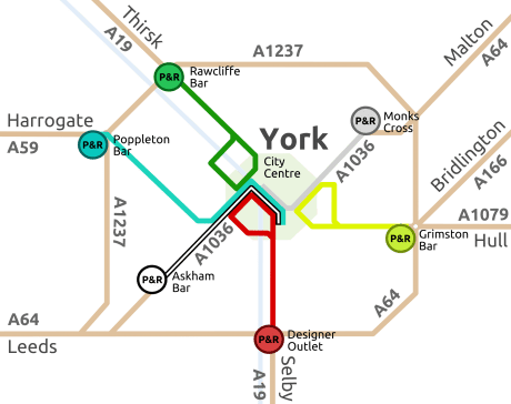 Schematic diagram of York's Park & Ride system based on regional approaches from Selby/Hull (A19/A64); Harrogate/Leeds (A59/A64);, Thirsk/Northallerton (A19); Scarborough/Whitby (A64)