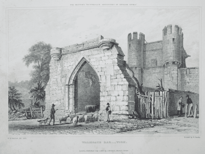 Walmgate Bar pre-restoration (see below for information); note the drover with a small flock of sheep, and one cow visible. York at this time was pretty much a backwater, with funds probably going into the mayoral pockets