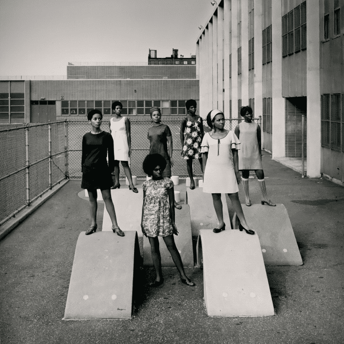 Kwame Brathwaite, Untitled (Photo Shoot at a School for One of the Many Modeling Groups Who Had Begun to Embrace Natural Hairstyles in the 1960s), c. 1966, archival pigment print, the Museum of Fine Arts, Houston. © Kwame Brathwaite