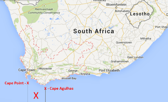 The warm Agulhas current (in the Indian Ocean) and the icy Benguela current (in the Atlantic Ocean) meet somewhere between Cape Point and Cape Agulhas