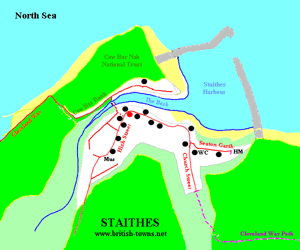 Staithes town map. Once cut off by steep cliffs and poor roads, the only way to get around was by boat or walk long distances.