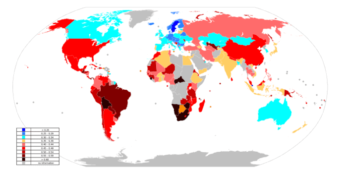 This is the Gini coefficient world map showing which countries have the best and worst in terms of equality of income. The number ranges between 0 and 1, with blue representing greater equality and reds and blacks representing greater inequality.