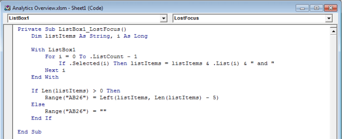 Visual Basic code added to a List Box to list items selected in Excel 2007 and Excel 2010 separated by a ", ".