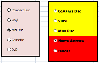 Examples of Form Controls and ActiveX Controls Option (or Radio) Buttons created in Excel 2007 and Excel 2010.
