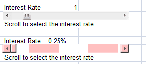 Scroll Bars created in Excel 2007 and Excel 2010. The top bar is a Form Control bar, while the bottom one is an ActiveX Controls Scroll Bar.