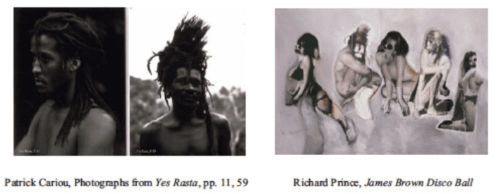 Cariou original subjects on left, Prince's altering of subjects from Cariou's photos on the right. Because Prince's subjects could have come from ANYWHERE, the court could not say they belonged to Cariou, so Prince has the right to use them.
