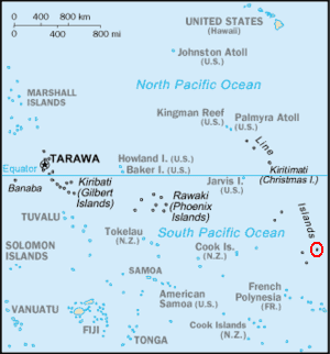 Map of the Pacific Ocean showing the location of Kiribati's Islands, its capital, Tarawa and the archipelago's easternmost point, Caroline Atoll (shaded by a red circle) which is the first place on Earth to see a new calender day