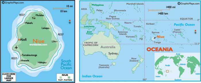 Map of Australia and the west Pacific Ocean showing the location of Niue, which follows the UTC - 11 time zone