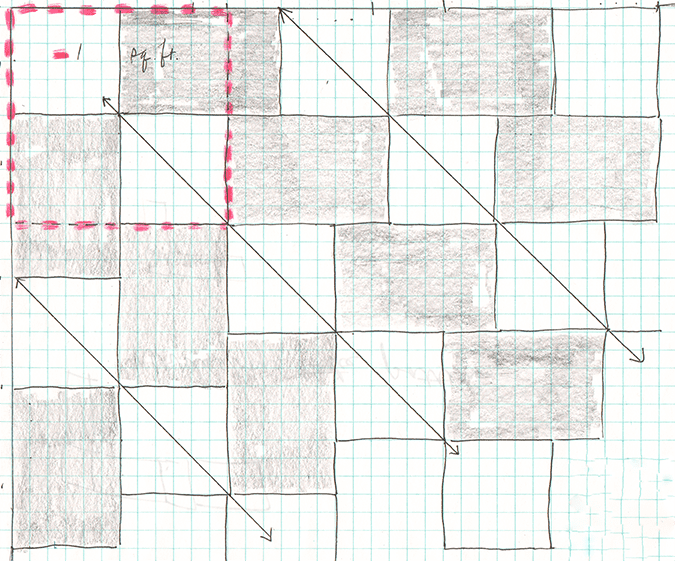 Practice on graph paper (1 square = 1 inch). White = 6" x 6", grey = 6" x 9". Arrows denote diagonals of herringbone pattern. Red dashes mark starting point & one square foot.