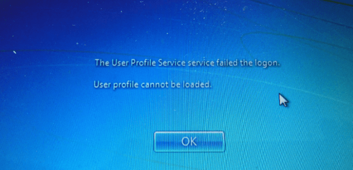 The 'User Profile failed the logon' error can be fixed via administrator and secondary account, and use of Safe Mode