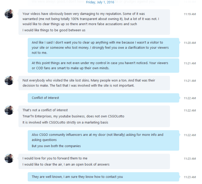 HonorTheCall sent me all the Skype Chat Logs he had with Tmartn, for a man who claims he's an "Open book of answers" he sure did block me on Twitter!