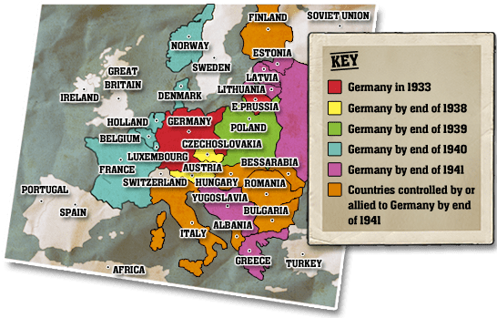 A form of warfare used by German forces in World War II. In a blitzkrieg, troops in vehicles, such as tanks, made quick surprise strikes with support from airplanes. These tactics resulted in the swift German conquest of France in 1940