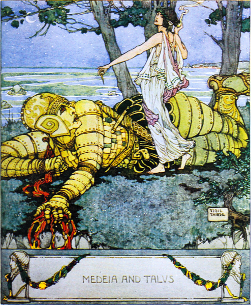Medea and Talus from Stories of gods and heroes (1920) by Bulfinch Thomas Bulfinch illustrated by Sybil Tawse