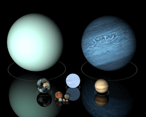 Top Row: Uranus and Neptune; Center Row: Earth, White Dwarf Star, Sirius B and Venus; Bottom row: Mars and Mercury; Last Row: Moon, dwarf planets Pluto and Haumea. Click on Picture gallery for a much more closer look.