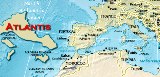 A hypothetical depiction of Atlantis based on the locations of the Africa-Eurasia tectonic plate boundary, the Azores underwater plateau, and the Mid-Atlantic Ridge. Adapted from a map courtesy cia.gov.