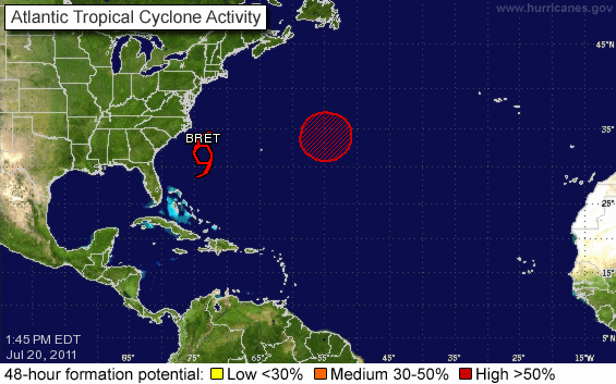 Homepage map of Atlantic basin on NHC's webpage, includes tropical Storm Bret and High propability area for future development. Map for July 20, 2011