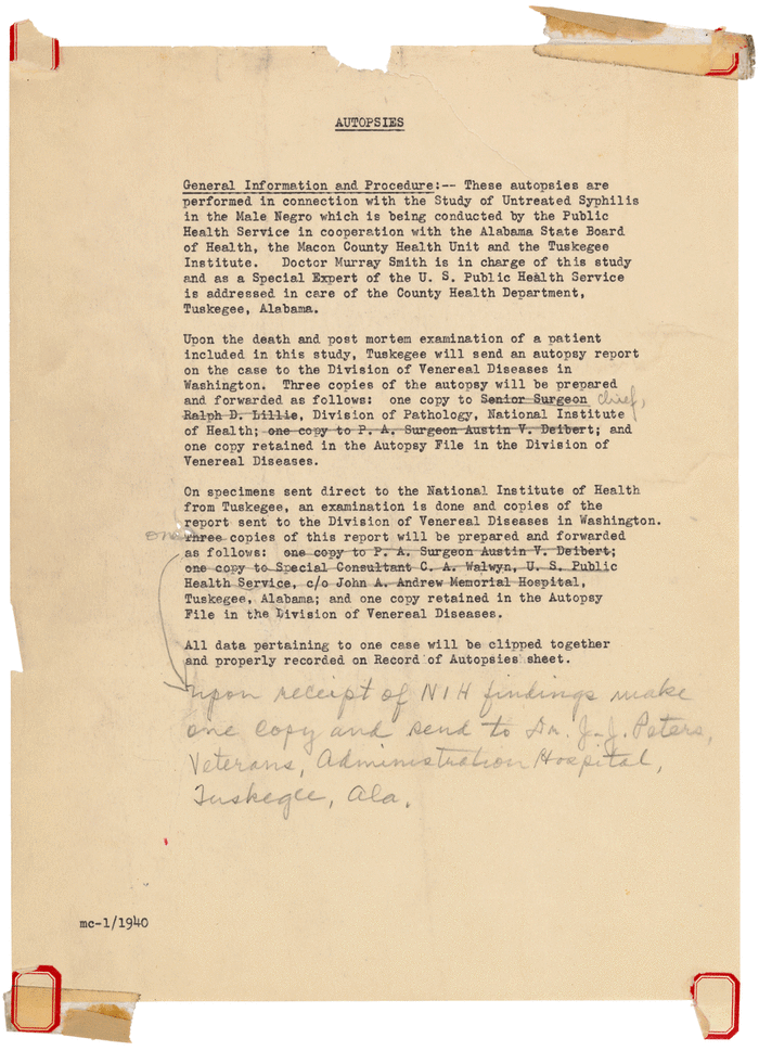 Document from Tuskegee Syphilis Study, requesting that after test subjects die, an autopsy be performed, and the results sent to the National Institutes of Health