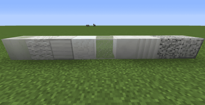 (From left to right) Bone Block, White Wool, Iron Block, Snow Block, White Glass, Quartz Block, Quartz Pillar, Diorite, Polished Diorite