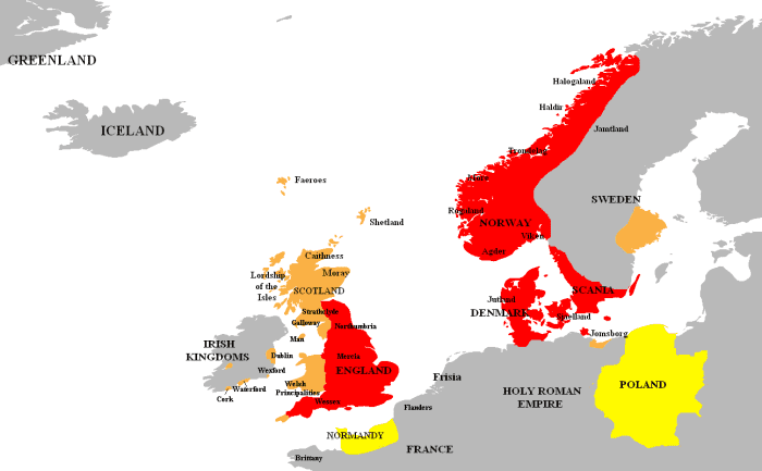 Knut's own kingdoms and dependencies are shown in red. Vassal states are orange and allies yellow (Normandy and the kingdom of the Wends - or Poland)