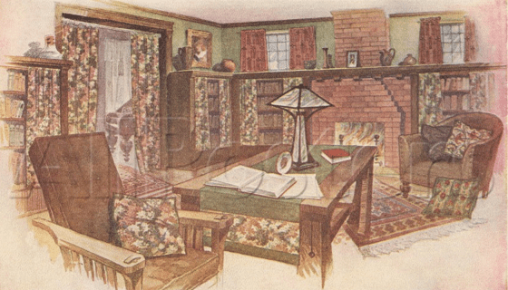Note the portieres in the doorway and the linearity of the furnishings. (The watermark does not appear on actual posters but is to deter unauthorized use of allposters images. It is used here with permission.)