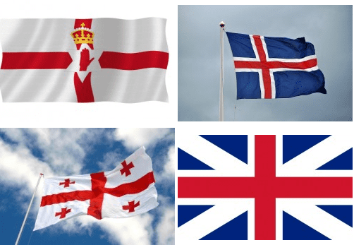 Top left: Flag of Northern Ireland, Top right: Flag of Iceland, Bottom left: Flag of Georgia, Bottom right: Flag of the "kingdom of Great Britain" Used on their ships on the high seas and was the official flag from 1707 to 1801