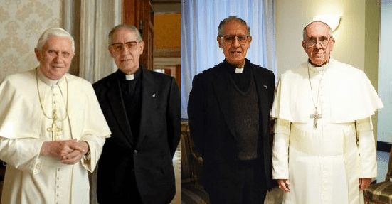 Pope Benedict XVI (White pope) and Superior General of the Society of Jesus Aldolfo Nicolas. Also known as the Black pope. And Aldolfo Nicolas with Pope Francis. They have taken a vow to each other.