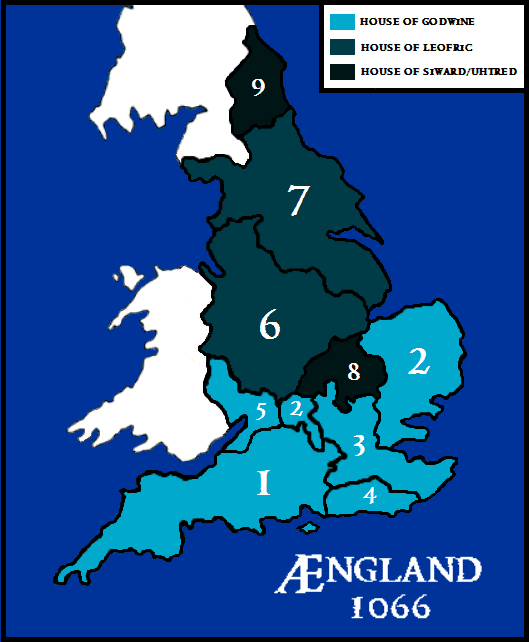 English family links and earldoms after Tostig's deposition 1065: 1-5 The Godwinsons: Harold, Gyrth, Leofwin; 6-7 Leofric's heirs: Eadwin, Morkere; Siward's kin: 8. Waltheof, 9: Gospatric