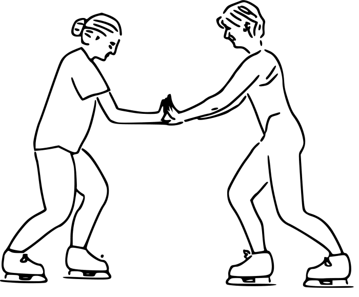 An illustration of Newton's third law in which two skaters push against each other. The skater on the left exerts a force F on the skater on the right, and the skater on the right exerts a force −F on the skater on the right. Although the forces are